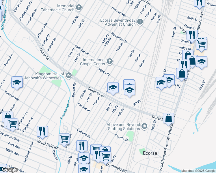 map of restaurants, bars, coffee shops, grocery stores, and more near 4153 10th Street in Ecorse