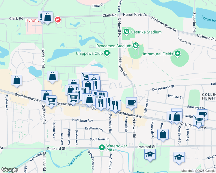 map of restaurants, bars, coffee shops, grocery stores, and more near 2568 Eagles Circle in Ypsilanti