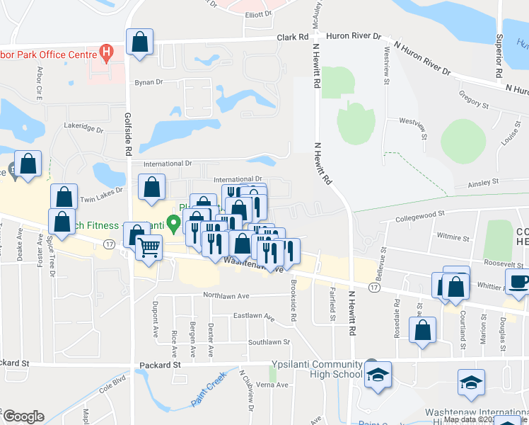 map of restaurants, bars, coffee shops, grocery stores, and more near 2592 Eagles Circle in Ypsilanti