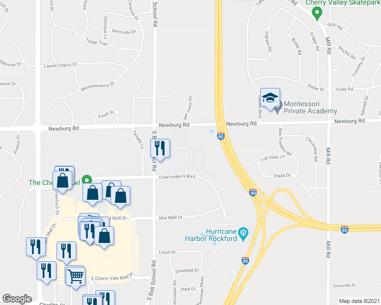 map of restaurants, bars, coffee shops, grocery stores, and more near 1607 White Oak Trail in Cherry Valley