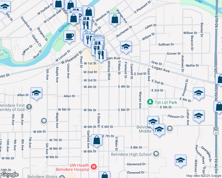 map of restaurants, bars, coffee shops, grocery stores, and more near 900 Whitney Boulevard in Belvidere