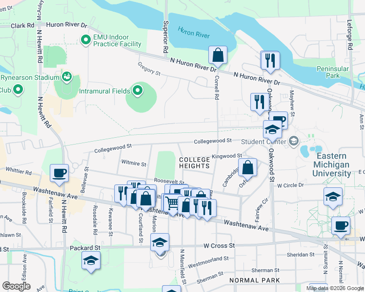 map of restaurants, bars, coffee shops, grocery stores, and more near 836 Mansfield Street in Ypsilanti