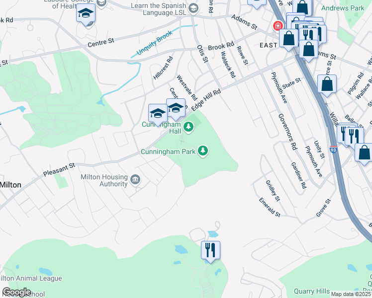 map of restaurants, bars, coffee shops, grocery stores, and more near 75 Edge Hill Road in Milton