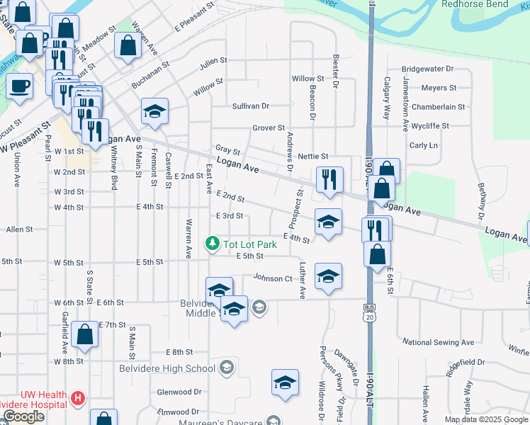 map of restaurants, bars, coffee shops, grocery stores, and more near 923 East 2nd Street in Belvidere