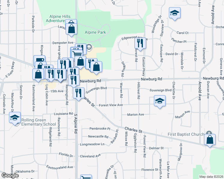 map of restaurants, bars, coffee shops, grocery stores, and more near 4502 Sovereign Boulevard in Rockford