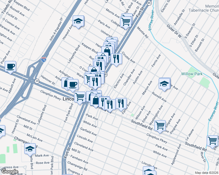 map of restaurants, bars, coffee shops, grocery stores, and more near 1606 Electric Avenue in Lincoln Park