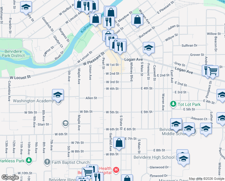 map of restaurants, bars, coffee shops, grocery stores, and more near 906 Garfield Avenue in Belvidere