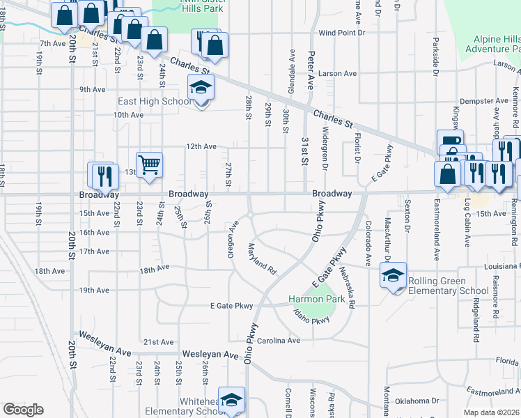 map of restaurants, bars, coffee shops, grocery stores, and more near 3110 Minnesota Drive in Rockford