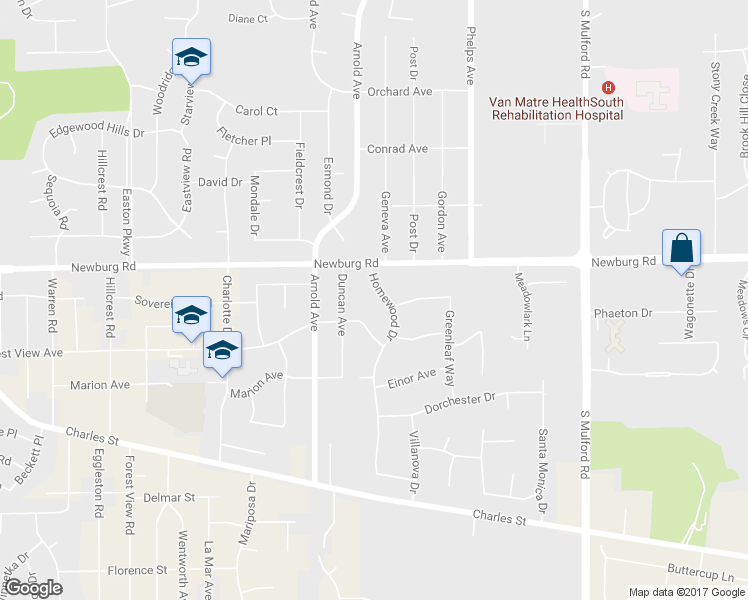 map of restaurants, bars, coffee shops, grocery stores, and more near 1517 Homewood Drive in Rockford