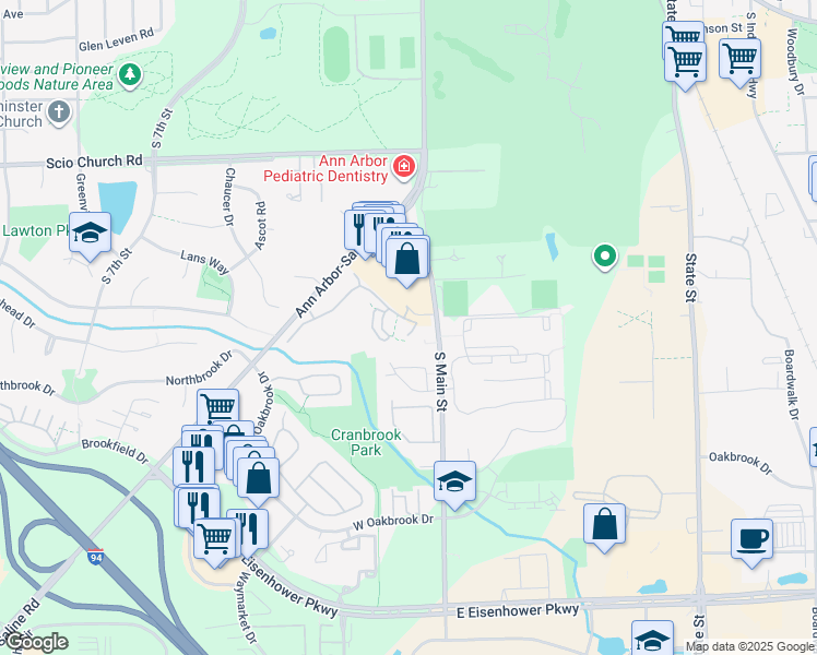 map of restaurants, bars, coffee shops, grocery stores, and more near 111 Fieldcrest Street in Ann Arbor