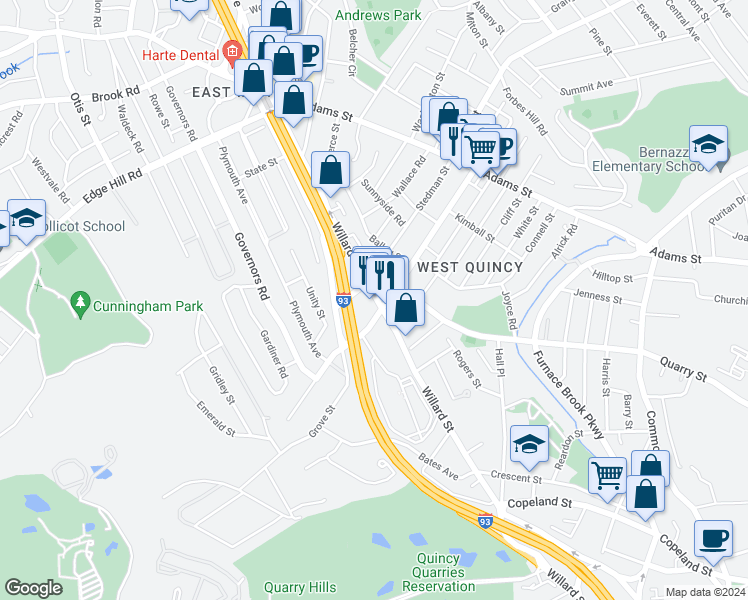 map of restaurants, bars, coffee shops, grocery stores, and more near 97 Willard Street in Quincy