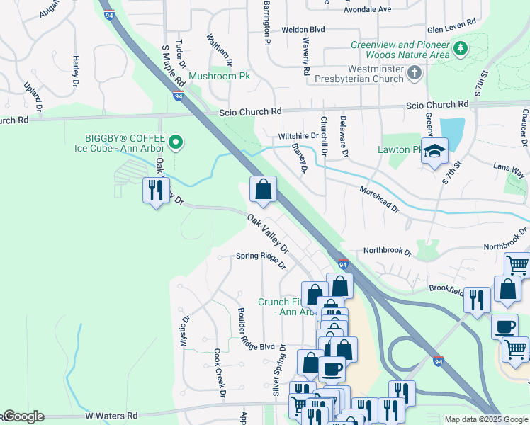 map of restaurants, bars, coffee shops, grocery stores, and more near 2433 Oak Valley Drive in Ann Arbor