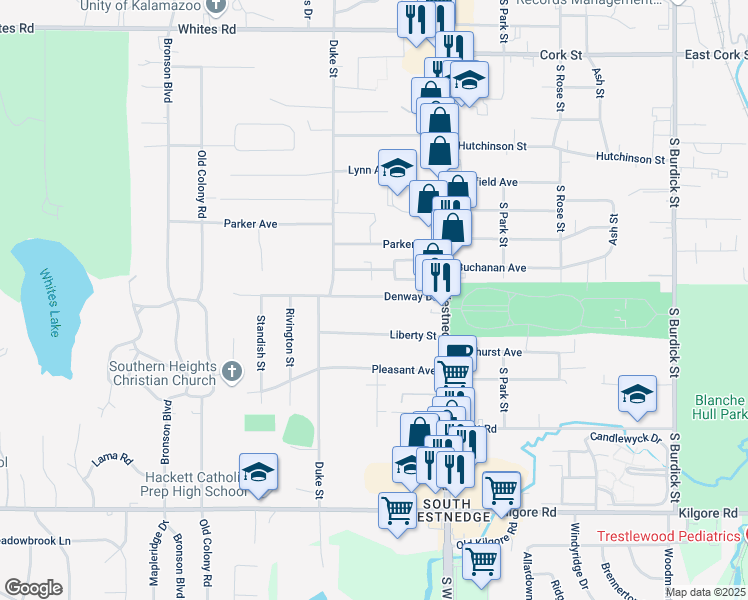 map of restaurants, bars, coffee shops, grocery stores, and more near 715 Denway Drive in Kalamazoo