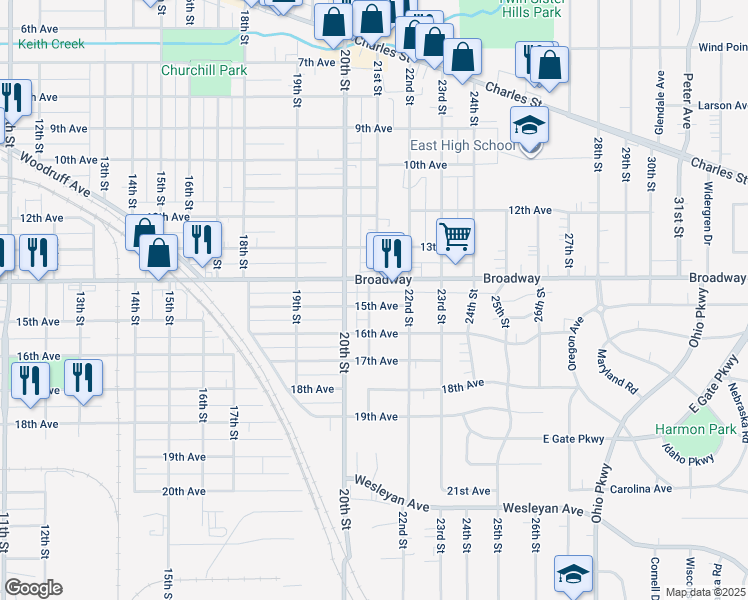 map of restaurants, bars, coffee shops, grocery stores, and more near 1512 21st Street in Rockford