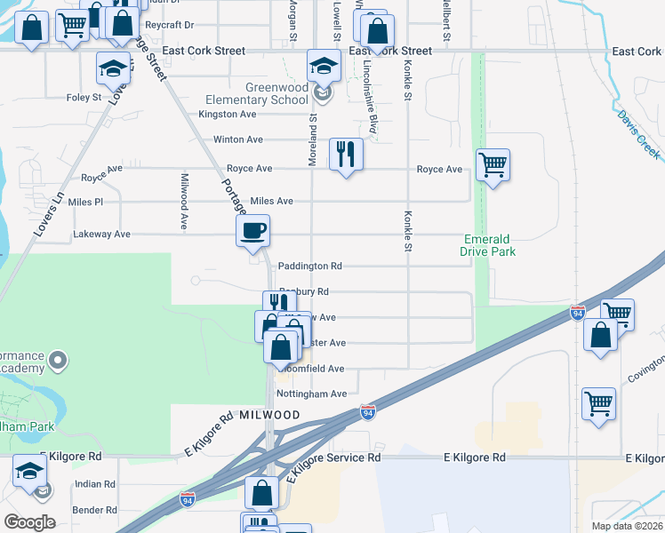 map of restaurants, bars, coffee shops, grocery stores, and more near 1827 Paddington Road in Kalamazoo
