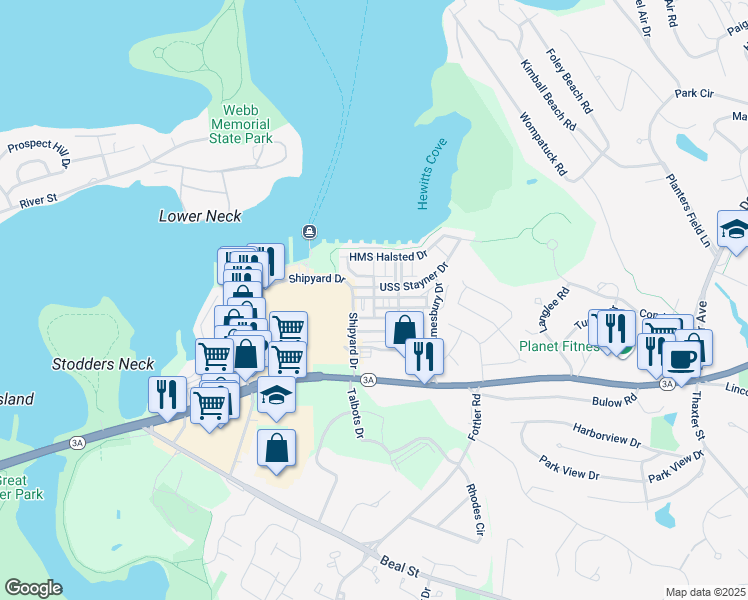map of restaurants, bars, coffee shops, grocery stores, and more near 138 Whitaker Lane in Hingham