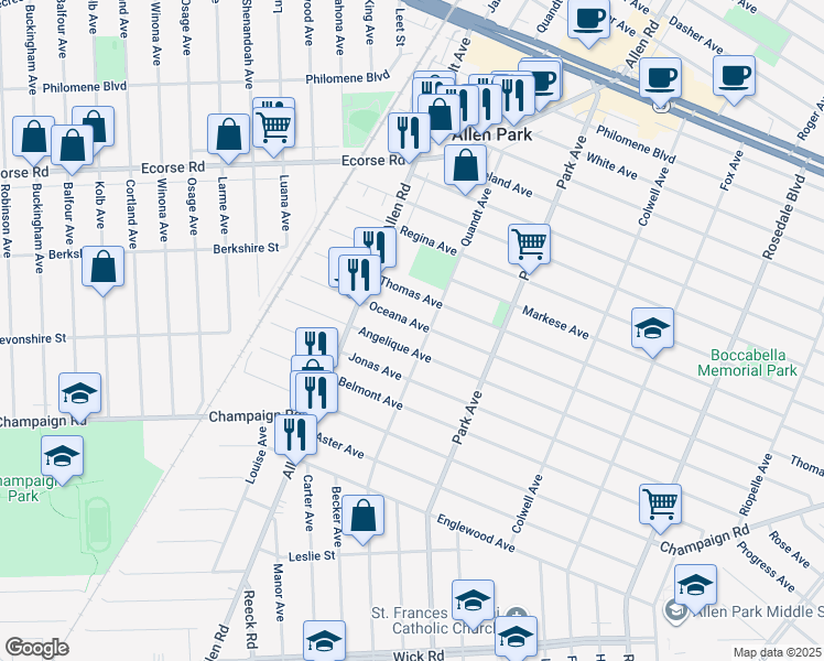 map of restaurants, bars, coffee shops, grocery stores, and more near 15729 Oceana Avenue in Allen Park
