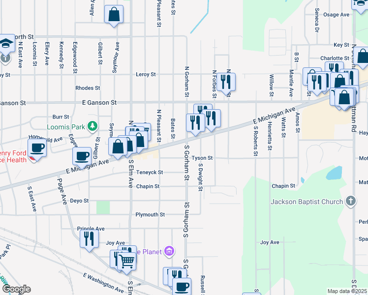 map of restaurants, bars, coffee shops, grocery stores, and more near 106 South Gorham Street in Jackson