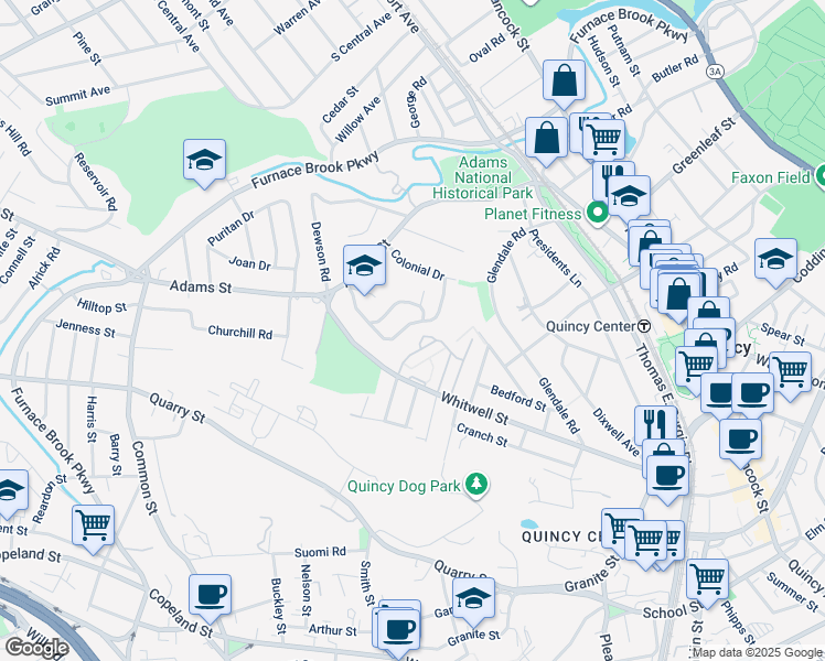 map of restaurants, bars, coffee shops, grocery stores, and more near 85 Colonial Drive in Quincy