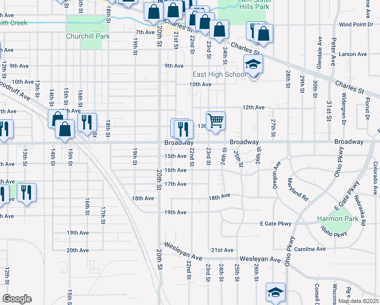 map of restaurants, bars, coffee shops, grocery stores, and more near 2534 15th Avenue in Rockford