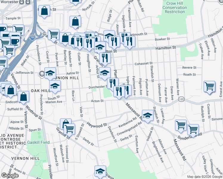 map of restaurants, bars, coffee shops, grocery stores, and more near 444 Grafton Street in Worcester