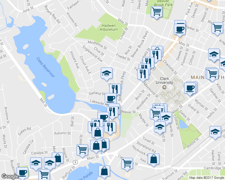 map of restaurants, bars, coffee shops, grocery stores, and more near 76 Lovell Street in Worcester