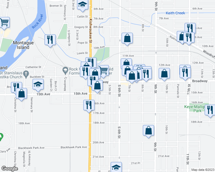 map of restaurants, bars, coffee shops, grocery stores, and more near 1511 South 5th Street in Rockford