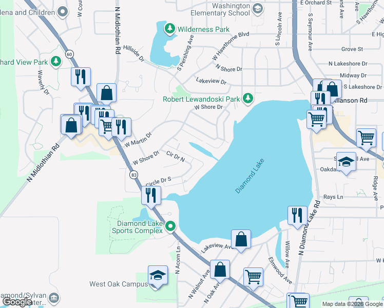 map of restaurants, bars, coffee shops, grocery stores, and more near 26811 Oakdale Lane in Mundelein