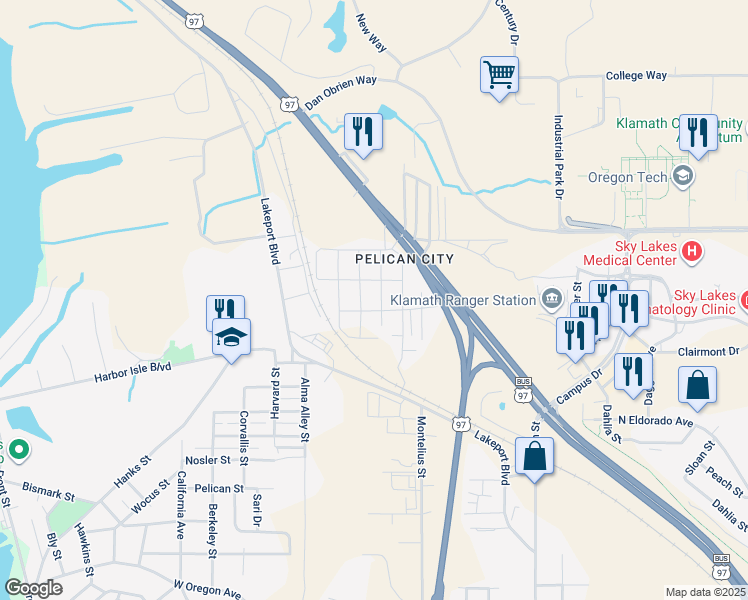map of restaurants, bars, coffee shops, grocery stores, and more near 3420 Chelsea Street in Klamath Falls
