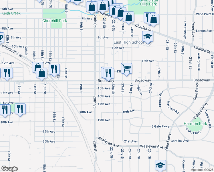 map of restaurants, bars, coffee shops, grocery stores, and more near 1512 21st Street in Rockford