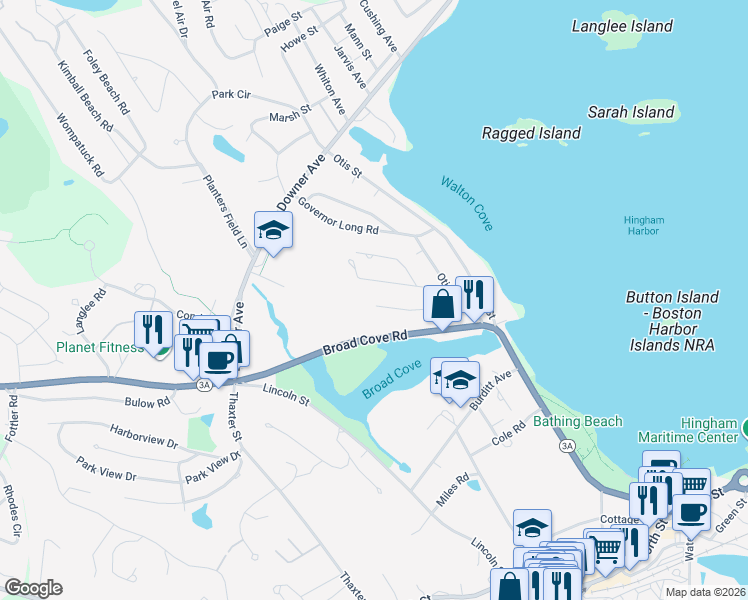 map of restaurants, bars, coffee shops, grocery stores, and more near 39 Simmons Road in Hingham