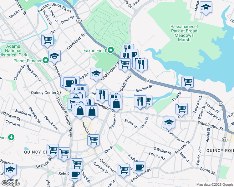map of restaurants, bars, coffee shops, grocery stores, and more near 51 Newcomb Street in Quincy