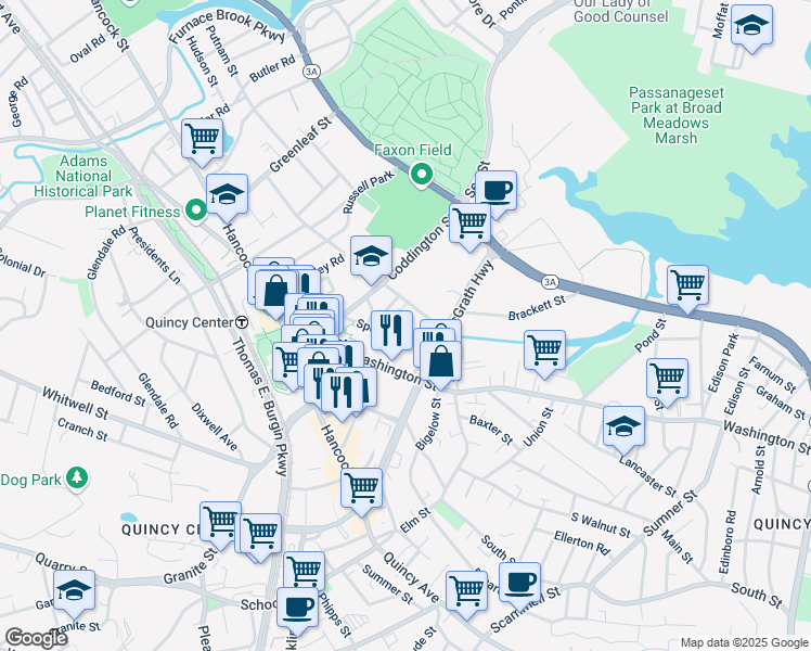 map of restaurants, bars, coffee shops, grocery stores, and more near 42 Spear Street in Quincy