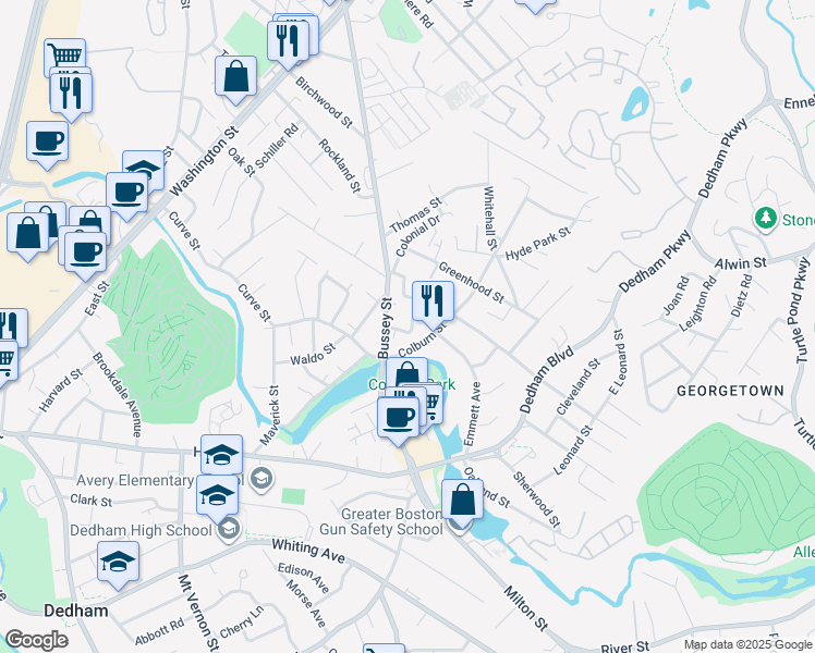 map of restaurants, bars, coffee shops, grocery stores, and more near 25 Congress Place in Dedham