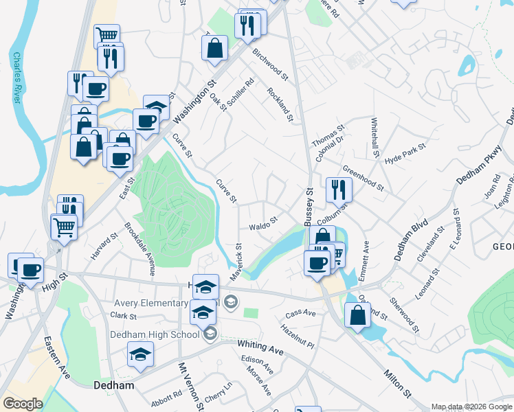 map of restaurants, bars, coffee shops, grocery stores, and more near 84 Curve Street in Dedham