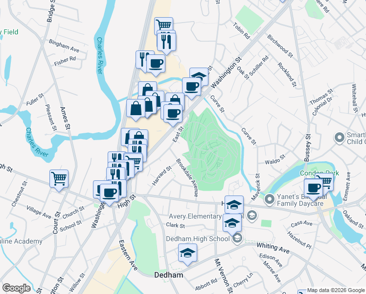 map of restaurants, bars, coffee shops, grocery stores, and more near 12 Demetra Terrace in Dedham