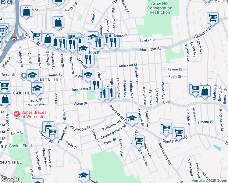 map of restaurants, bars, coffee shops, grocery stores, and more near 226 Fairmont Avenue in Worcester