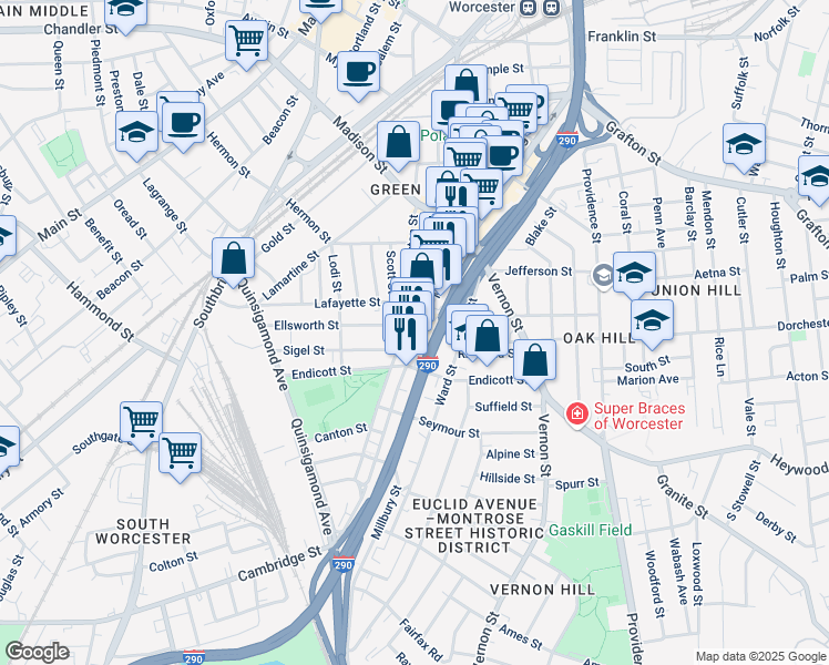 map of restaurants, bars, coffee shops, grocery stores, and more near 11 Ellsworth Street in Worcester