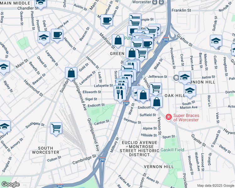 map of restaurants, bars, coffee shops, grocery stores, and more near 11 Ellsworth Street in Worcester