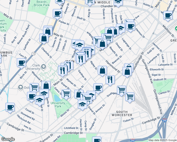 map of restaurants, bars, coffee shops, grocery stores, and more near 8 Kilby Street in Worcester