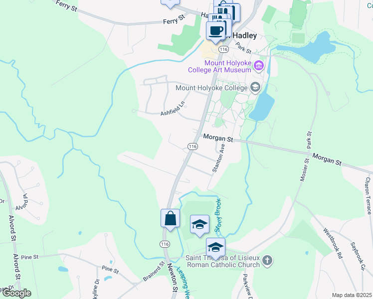 map of restaurants, bars, coffee shops, grocery stores, and more near 1-99 Brock Way in South Hadley