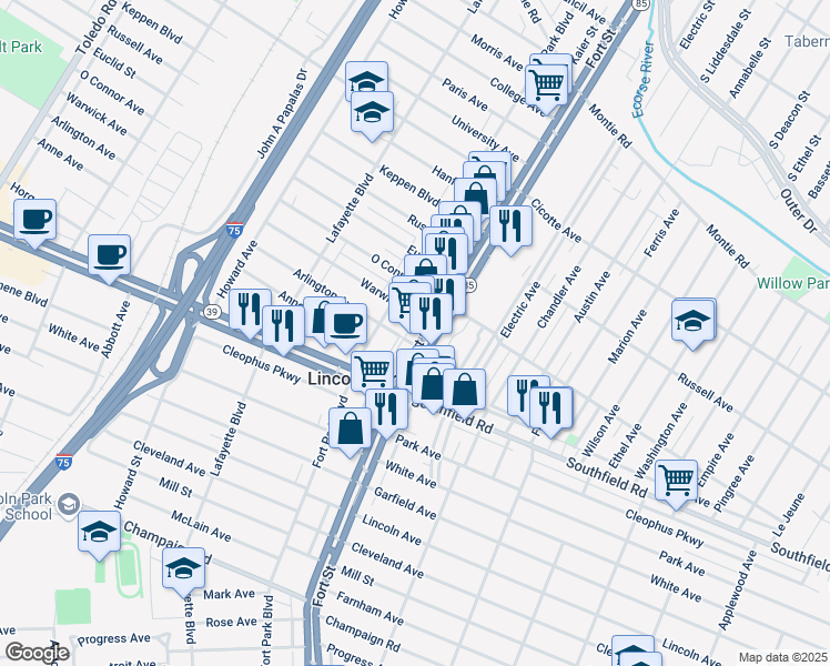 map of restaurants, bars, coffee shops, grocery stores, and more near 1676 Fort Street in Lincoln Park