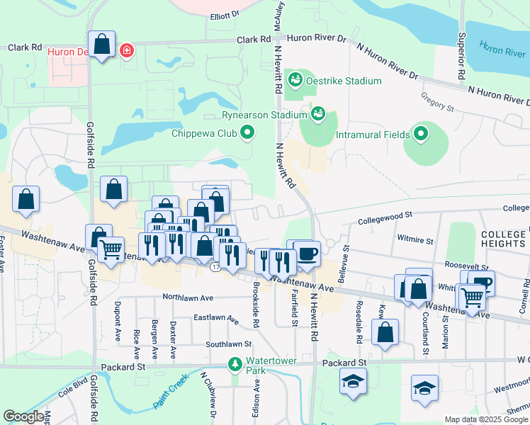 map of restaurants, bars, coffee shops, grocery stores, and more near 2372 Quarterback Court in Ypsilanti