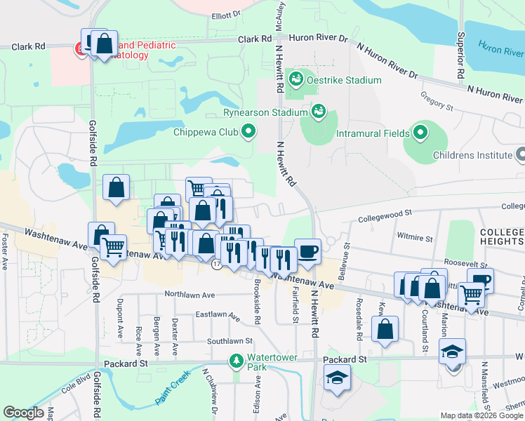 map of restaurants, bars, coffee shops, grocery stores, and more near 2372 Quarterback Court in Ypsilanti