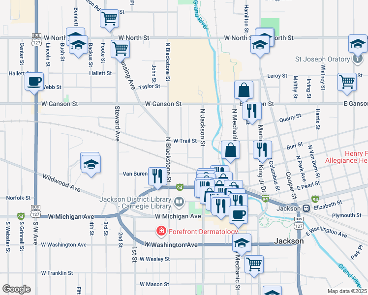 map of restaurants, bars, coffee shops, grocery stores, and more near 235 West Trail Street in Jackson
