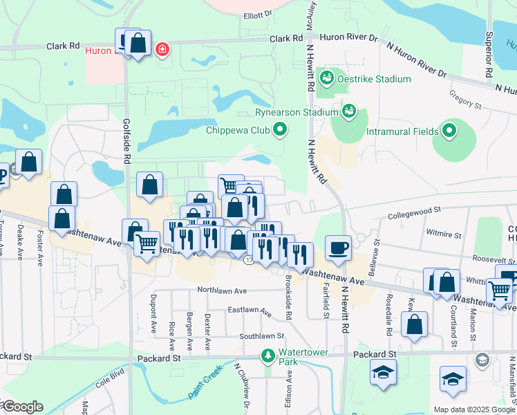 map of restaurants, bars, coffee shops, grocery stores, and more near 2592 Eagles Circle in Ypsilanti