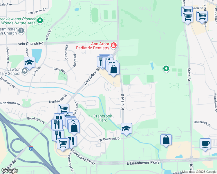 map of restaurants, bars, coffee shops, grocery stores, and more near 111 Fieldcrest Street in Ann Arbor