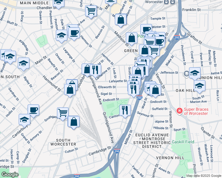 map of restaurants, bars, coffee shops, grocery stores, and more near 51 Ellsworth Street in Worcester