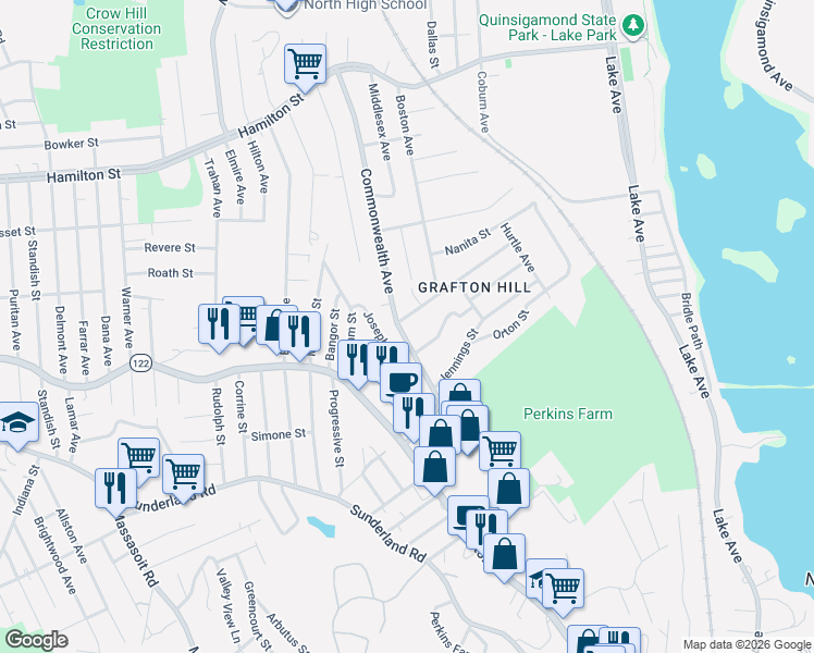 map of restaurants, bars, coffee shops, grocery stores, and more near 16 Glezen Street in Worcester