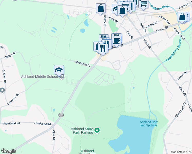 map of restaurants, bars, coffee shops, grocery stores, and more near 20 Voyagers Lane in Ashland